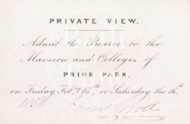 Ticket for the private view of Prior Park, Bath 1856