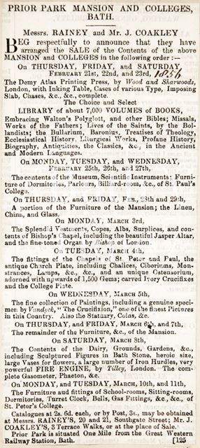 Auction of the contents of Prior Park Mansion and Colleges, Bath 1856