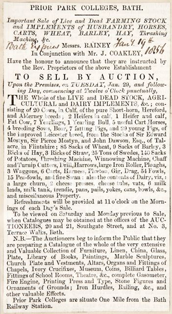 The sale of farm stock at Prior Park Colleges, Bath 1856