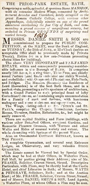 The sale of Prior Park estate, Bath 1856