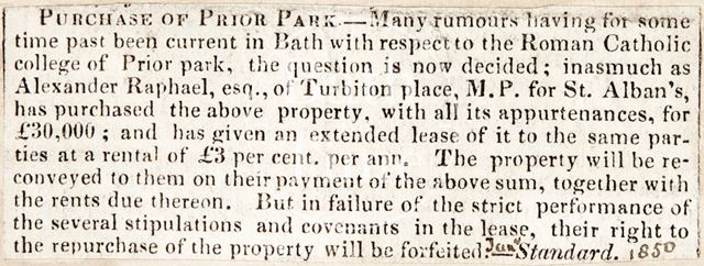 Purchase of Prior Park, Bath 1850