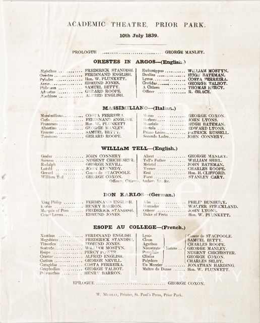 Academic Theatre, Prior Park, Bath 1839