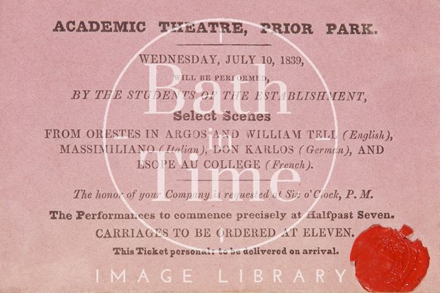 A ticket to the Academic Theatre, Prior Park, Bath 1839