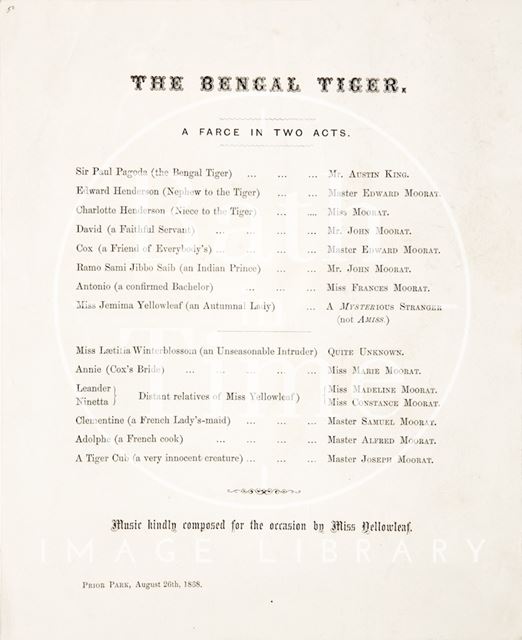 A playbill for the Bengal Tiger, a farce in two acts, Prior Park, Bath 1868