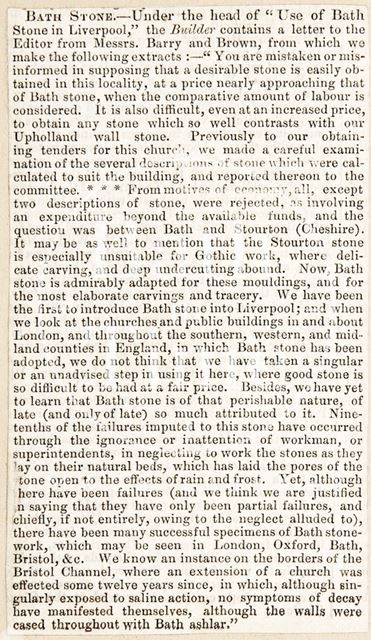 The introduction of Bath Stone to Liverpool 1849