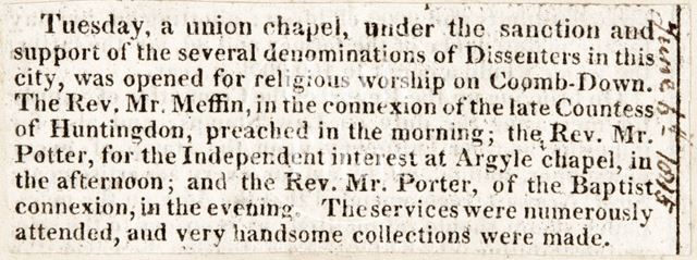 Opening of a Union Chapel in Combe Down, Bath 1815