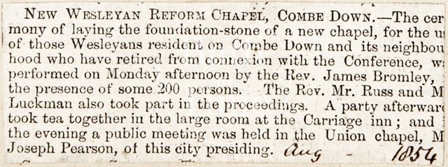 New Wesleyan Reform Chapel, Combe Down, Bath 1854