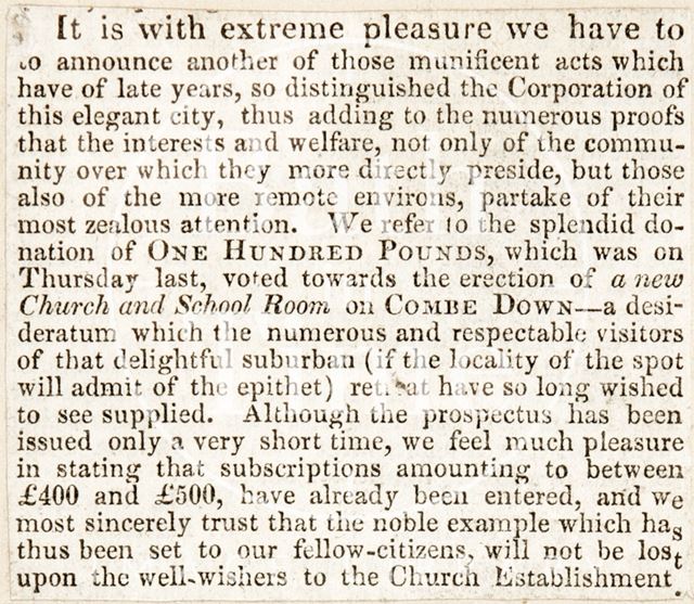 Donation of £100 to Combe Down Church c.1832