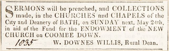 Announcing a collection for Combe Down Church, Bath 1835