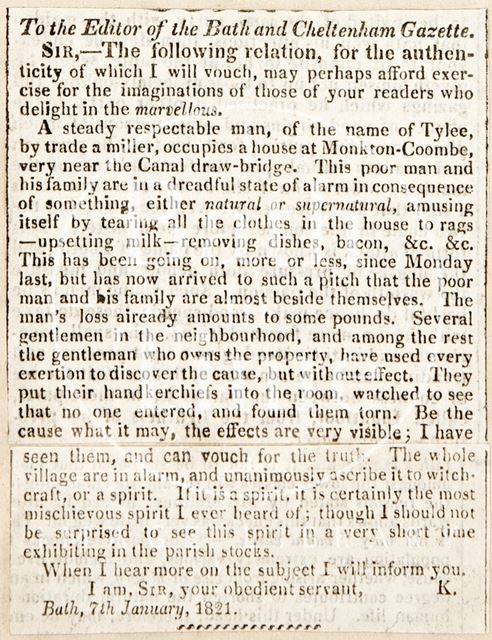 Reporting the spirit in Combe Down, Bath 1821