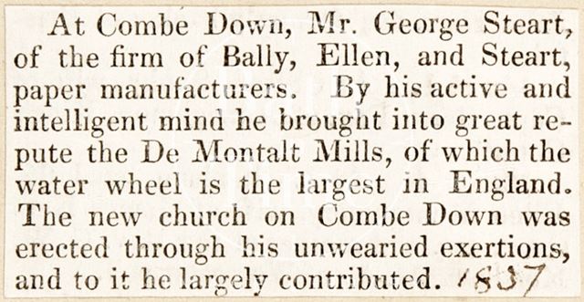 Mr. George Steart of De Montalt Mills, Combe Down, Bath 1837