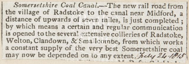 Railway from Radstock to the Somersetshire Coal Canal, Midford 1815