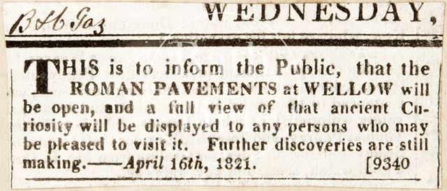 Announcing the Roman pavements at Wellow are open to the public 1821