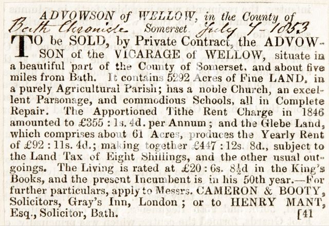 Sale of the Advowson of the vicarage, Wellow 1853