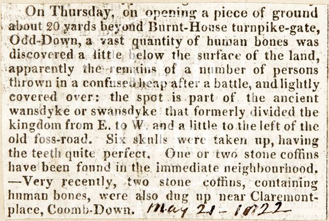 Discovery of human remains at Odd Down, Bath 1822