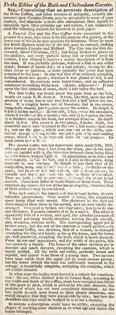 Letter concerning the coffins and urn found at Combe Down, Bath 1822