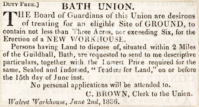 Board of Guardians advertisement to build a workhouse, Bath 1836