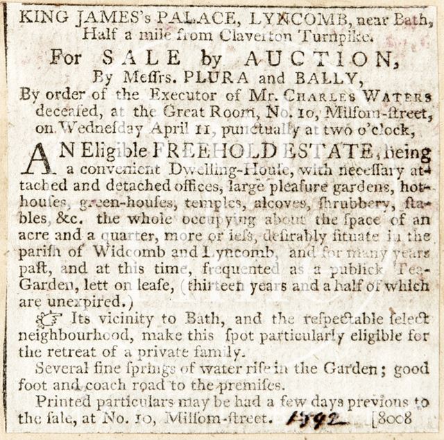 King James Palace, Lyncombe, Bath for sale 1792