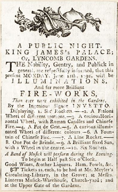 Public firework display at King James Palace, Lyncombe Vale, Bath 1792