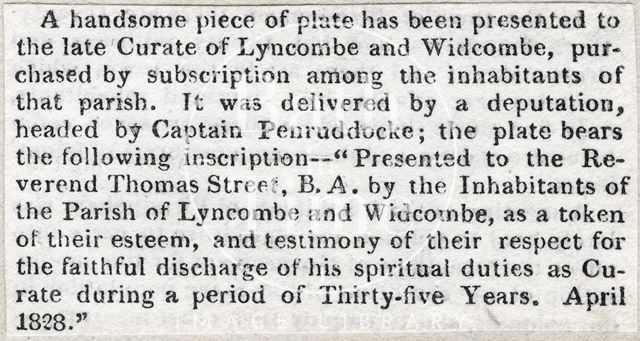 Presentation to the late Curate of Lyncombe and Widcombe, Bath 1828