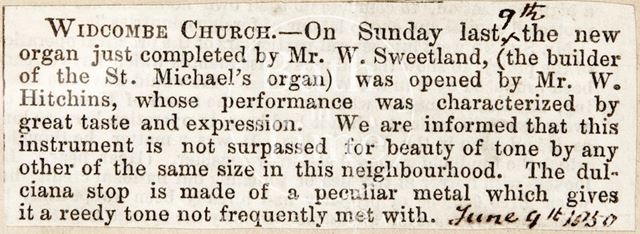 New organ, Widcombe Church, Bath 1850