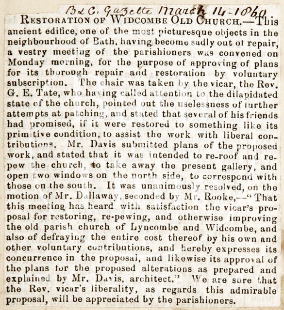 Restoration of Widcombe Old Church, Bath 1860