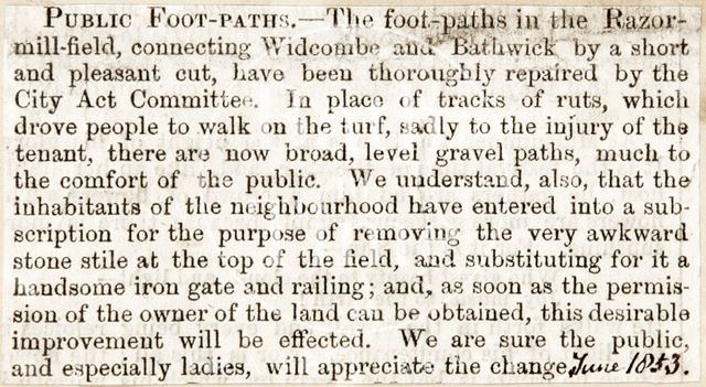 Public footpath in Razor Mill Field, Widcombe, Bath 1853