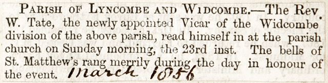 The new reverend Rev. W. Tate, Parish of Lyncombe and Widcombe, Bath 1856