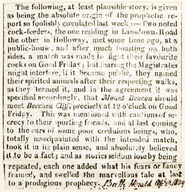 Explanation for the earthquake prophesy in Bath 1809