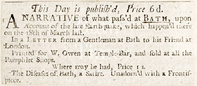 Advertisement for a newly published pamphlet on the earthquake at Bath 1750