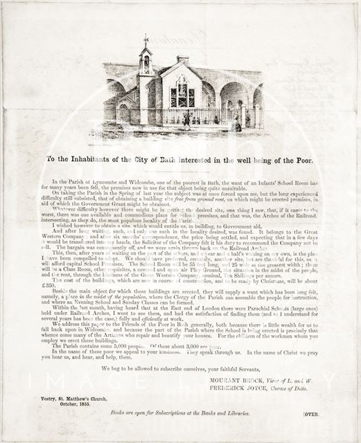 The construction of an infants' school room, Parish of Lyncombe and Widcombe, Bath 1855