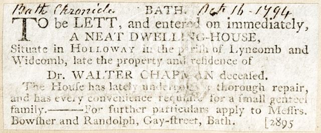 Advertisement for lease of house in Holloway, Bath 1794