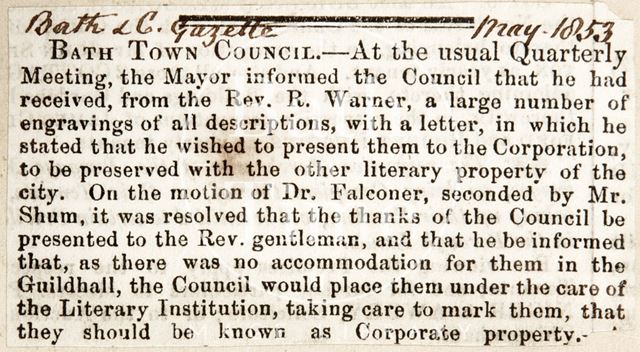 Bath Town Council, donation from Rev. R. Warner 1853