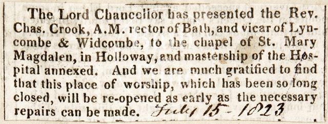 A new vicar for St. Mary Magdalen's Chapel, Holloway, Bath 1823