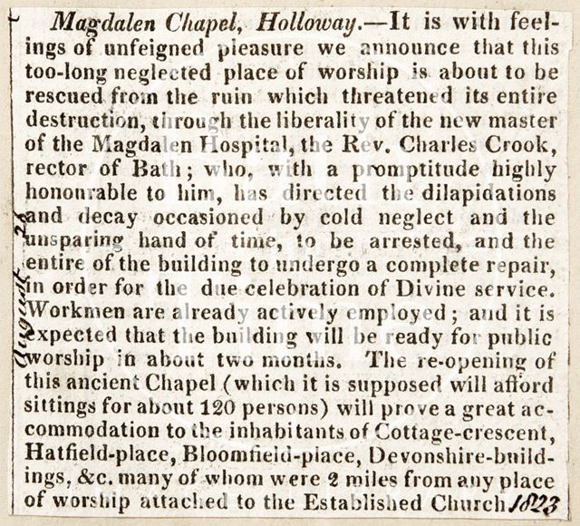 The reopening of St. Mary Magdalen's Chapel, Bath 1823