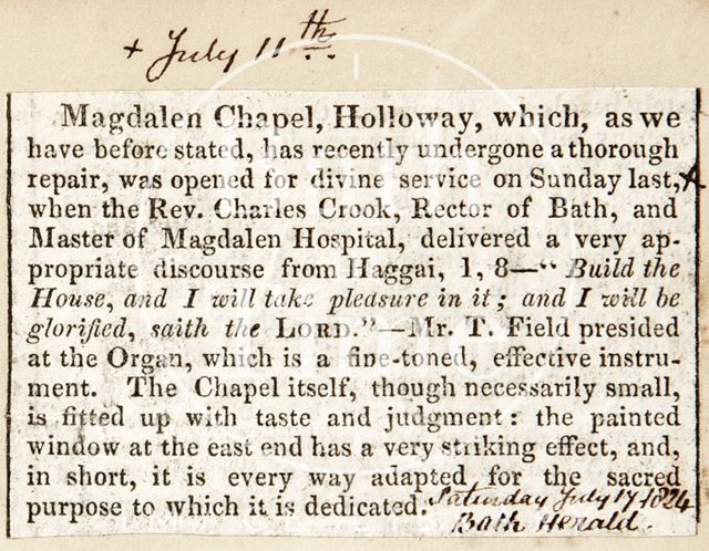 Reopening of St. Mary Magdalen's Chapel, Holloway, Bath 1824