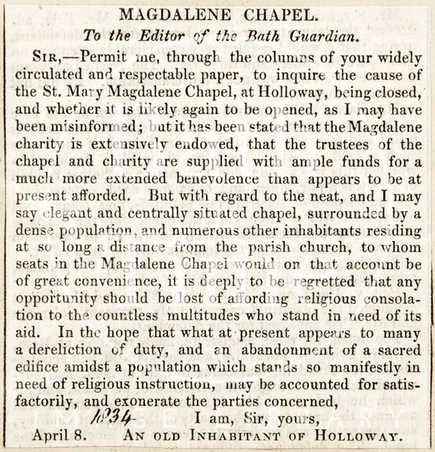 A complaint regarding the works on St. Mary Magdalen's Chapel, Bath 1834