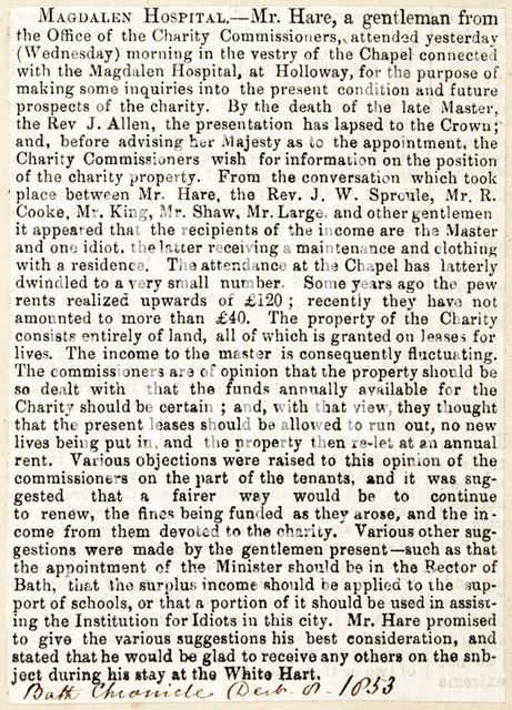 The attendance of St. Mary Magdalen's Chapel, Bath 1853