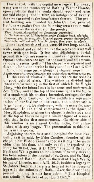 History of St. Mary Magdalen's Chapel, Bath c.1850