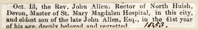 Death notice for Rev. John Allen 1853