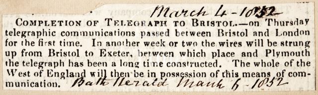 Completion of telegraph to Bristol 1854