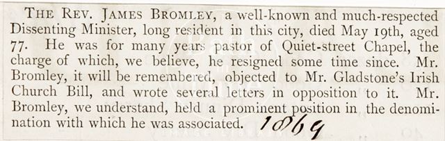 Death notice for Rev. James Bromley 1869