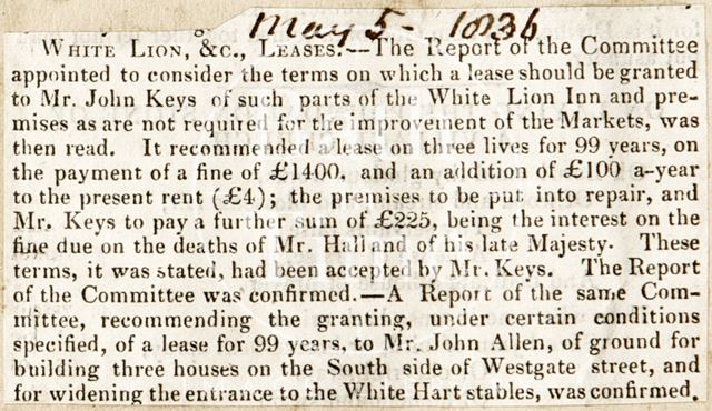 White Lion Inn and Westgate Street leases, Bath 1836