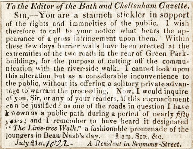 Complaint about the erection of barrier walls at the rear of Green Park Buildings, Bath 1822