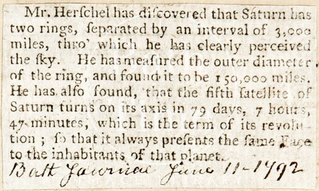 Mr. Herschel has discovered that Saturn has two rings 1792