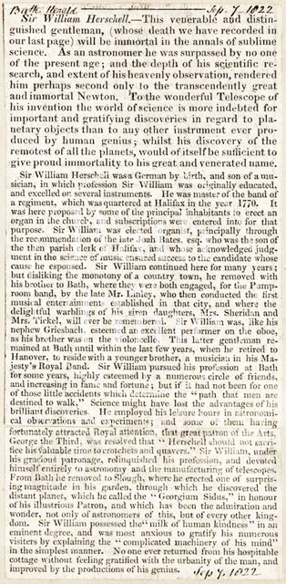 Obituary of Sir William Herschel 1822