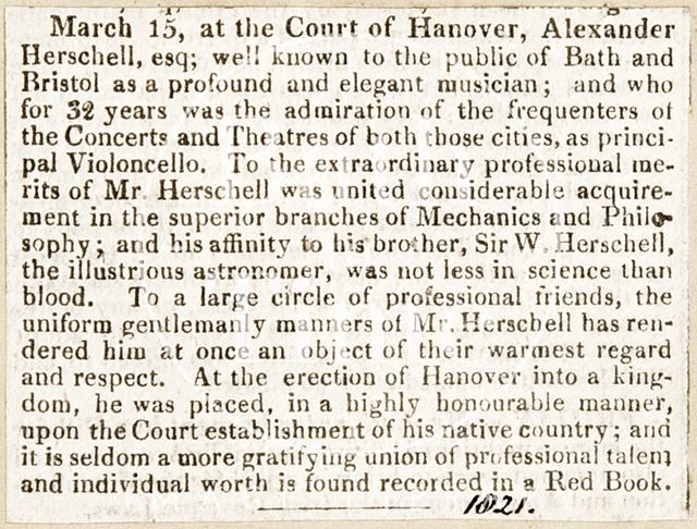 Obituary of Alexander Herschel 1821