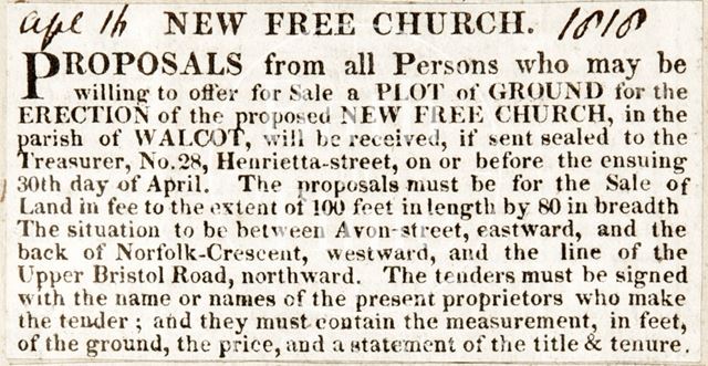 Plot of ground for the New Free Church (Holy Trinity Church), Bath 1818