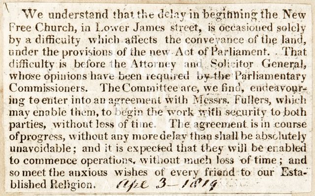 Delay in building the New Free Church (Holy Trinity Church), Bath 1819