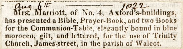 Presentation of bibles and prayer books to the New Free Church (Holy Trinity Church), Bath 1822